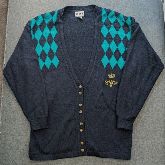 Vintage Koret Cardigan Women's Large Navy Argyle Preppy Academia Wool - Picture 2 of 11